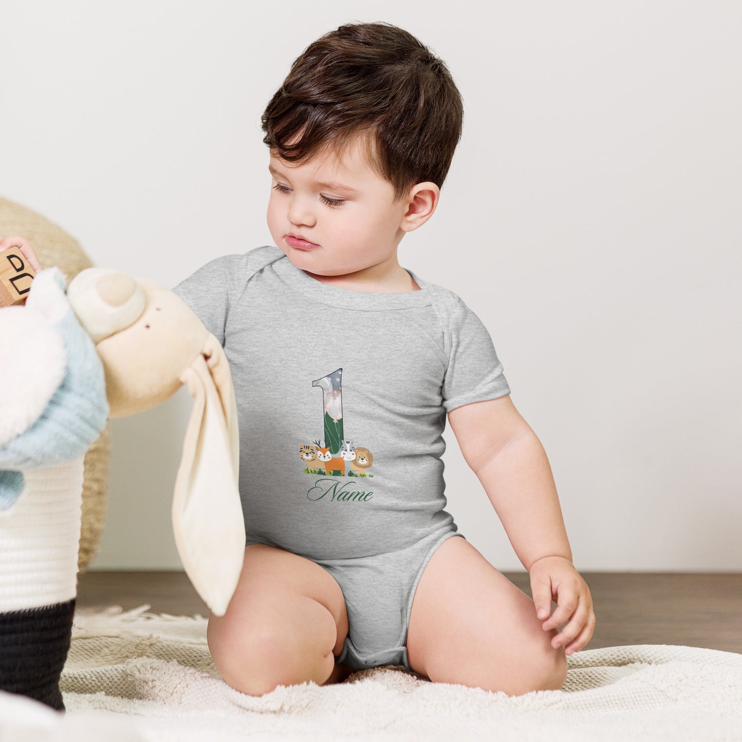 Baby short sleeve one piece Personalized animal print romper suit for baby, with personalized name for first birthday