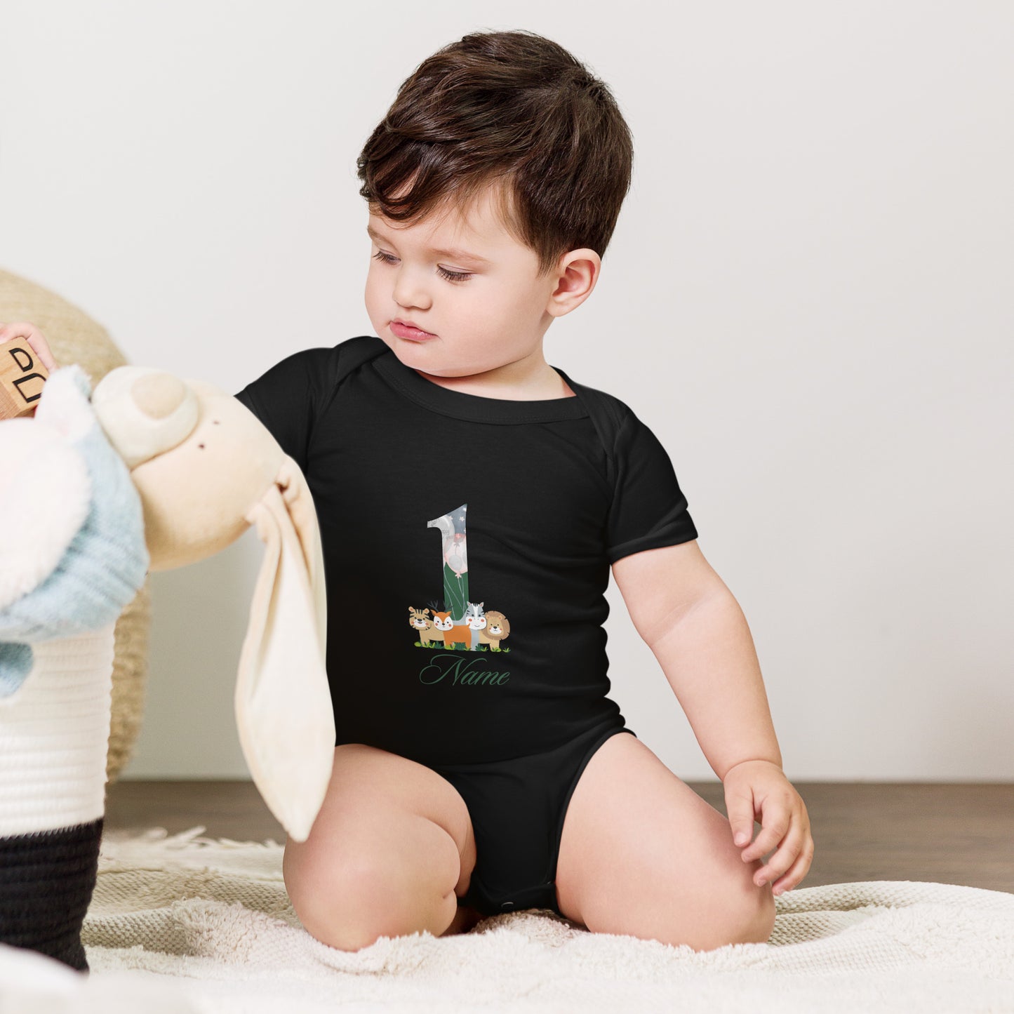 Baby short sleeve one piece Personalized animal print romper suit for baby, with personalized name for first birthday