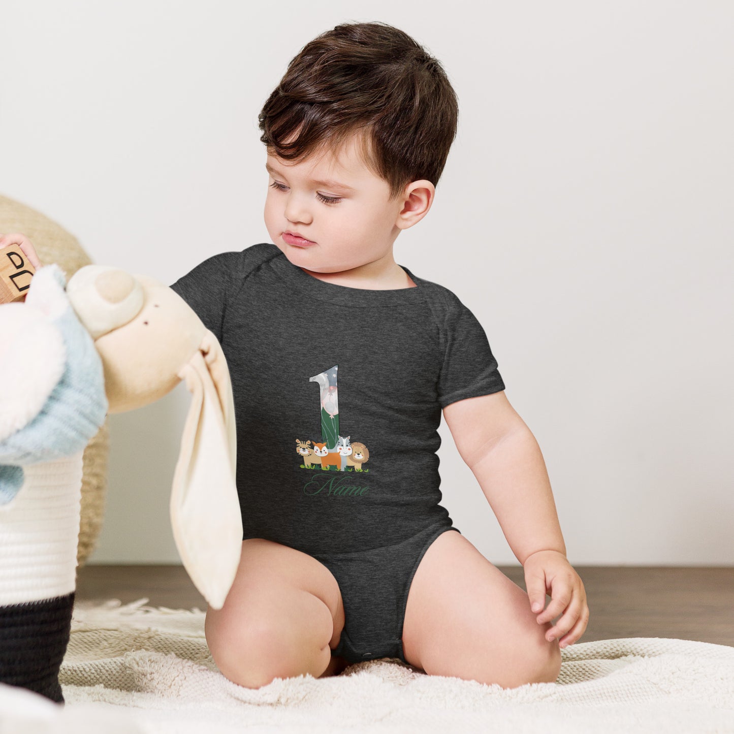 Baby short sleeve one piece Personalized animal print romper suit for baby, with personalized name for first birthday
