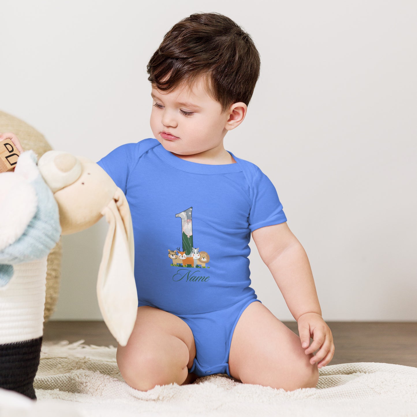 Baby short sleeve one piece Personalized animal print romper suit for baby, with personalized name for first birthday