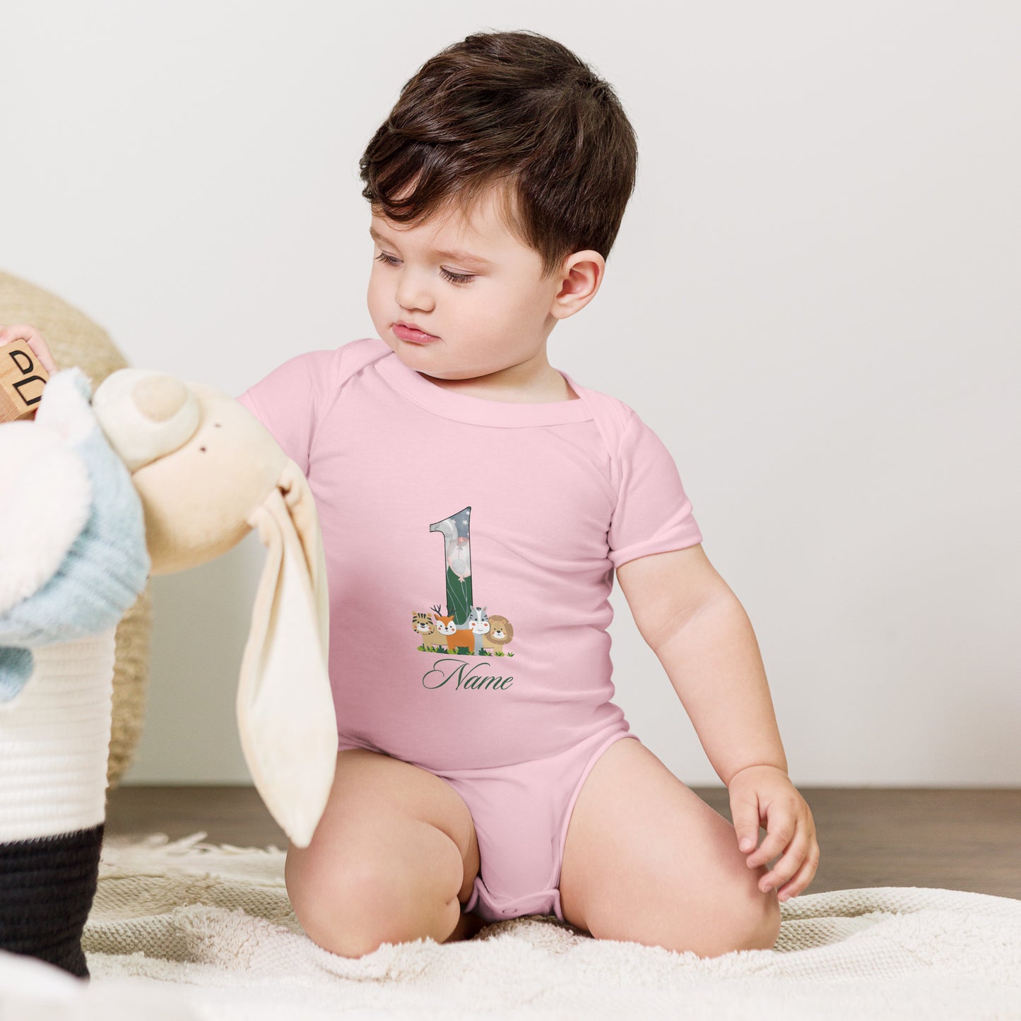 Baby short sleeve one piece Personalized animal print romper suit for baby, with personalized name for first birthday