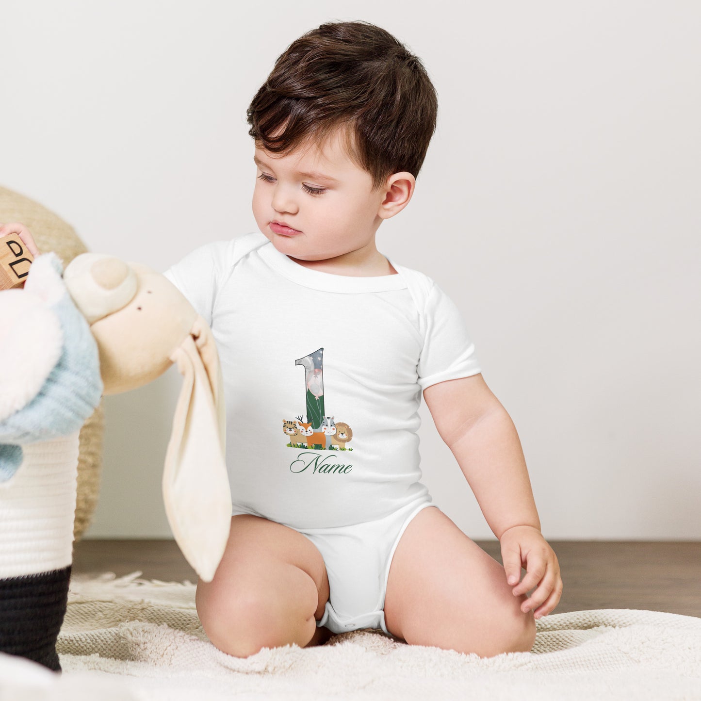 Baby short sleeve one piece Personalized animal print romper suit for baby, with personalized name for first birthday